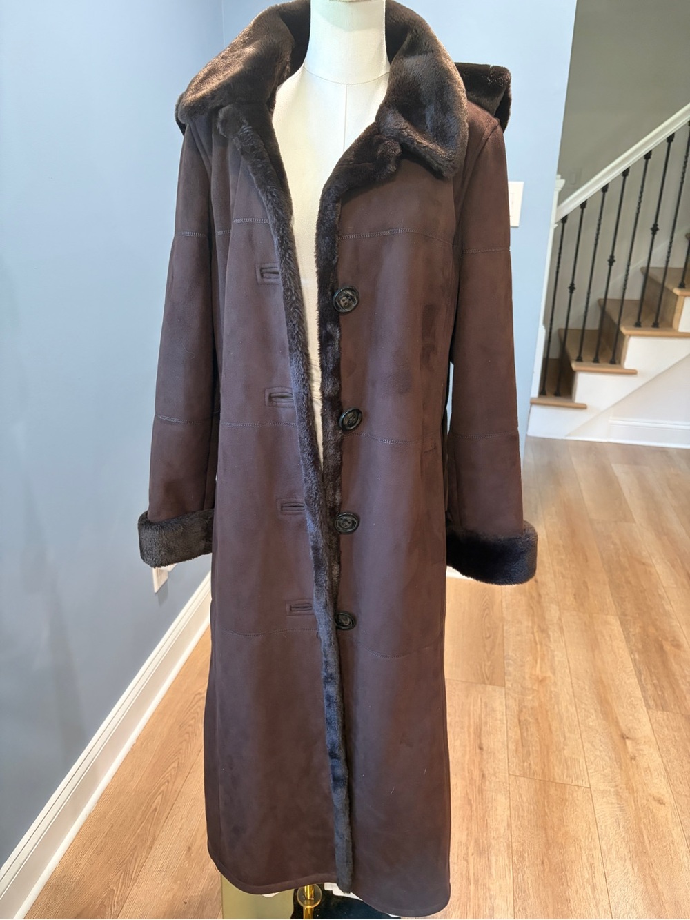 Portrait Brown Faux Shearling Full Length Hooded Coat Faux Fur Women’s Medium